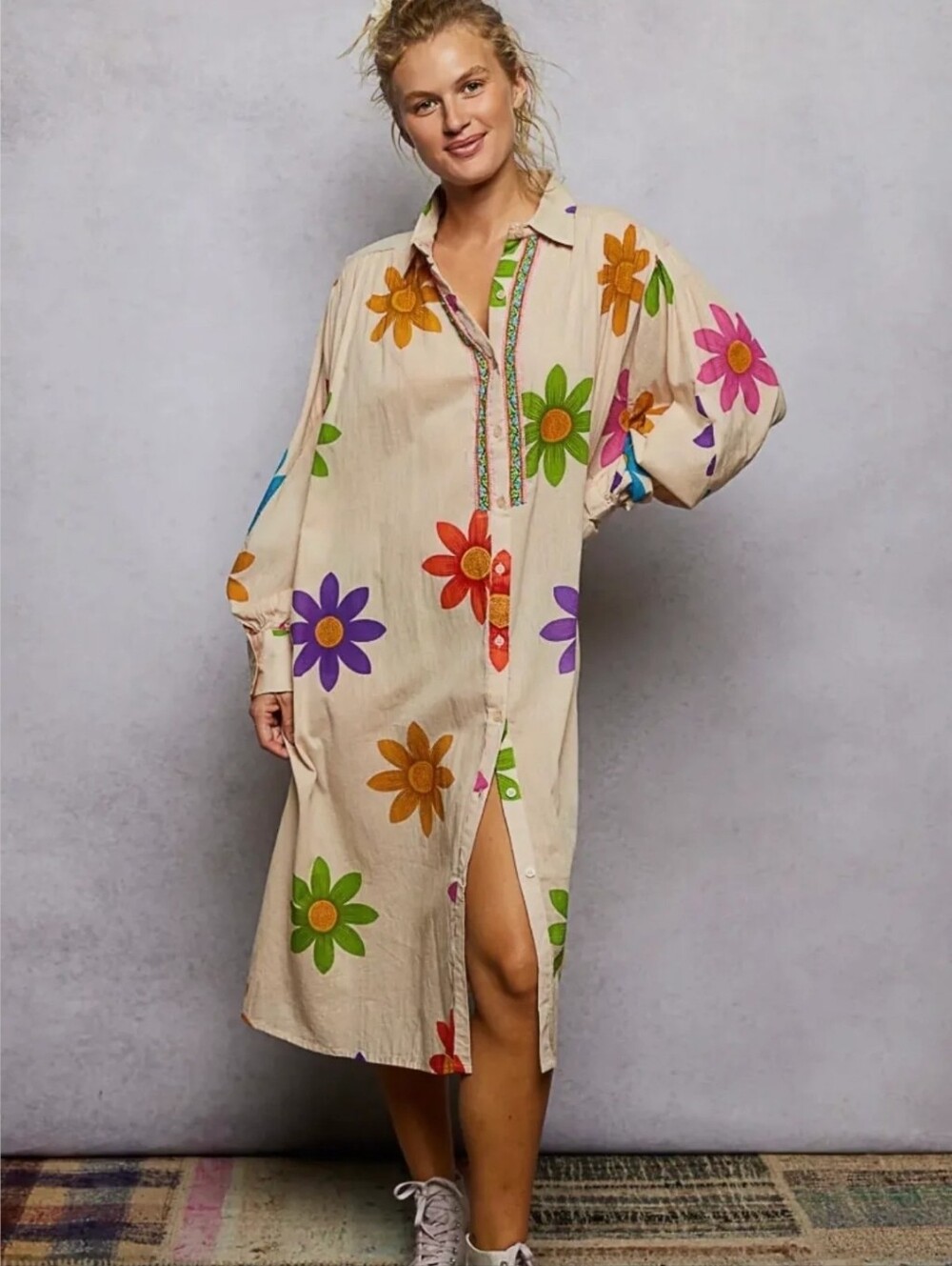 Women’s Floral Button-Front Shirt Dress With Beading - Size S - XXL